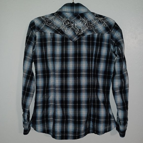 Western plaid button down women’s medium Panhandle Slim blue white silver black - Picture 5 of 11